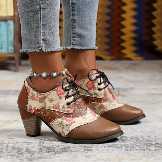 Dames Boheemse Enkellaarsjes met Blokhak – Orthopedische Comfort Veterlaarzen met Bloemenprint