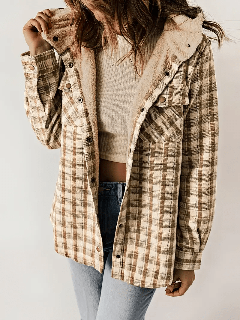 Warme Flanellen Ruiten Jas – Zachte Sherpa Gevoerde Hoodie voor Casual Koude Dagen