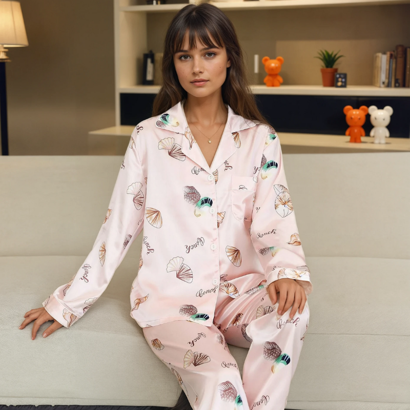 Dames IJszijde Pyjama Set – Zomer Loungewear met Lange Mouwen en Broek in Imitatiezijde