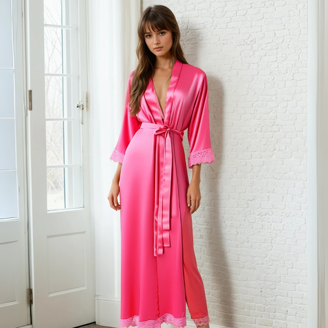 Luxe Zijde Satijn Kant Lange Badjas – Elegante Bruiloft, Bruidsmeisje & Lingerie Kamerjas voor Dames