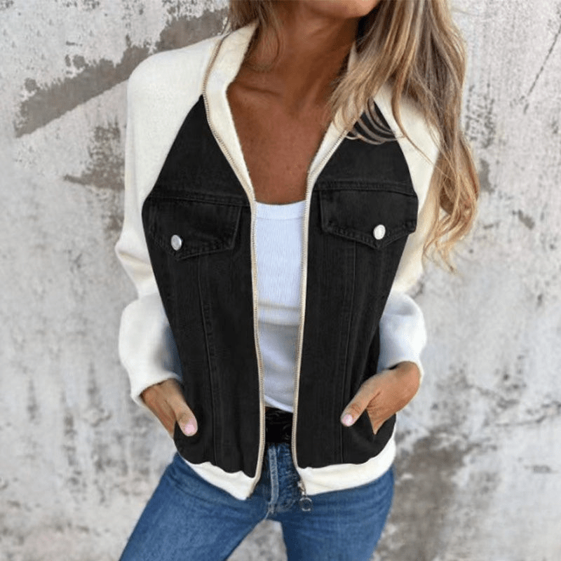 Dames Denim Splicing Jas – Trendy Mix van Stoffen, Comfortabel & Ideaal voor Lente en Herfst