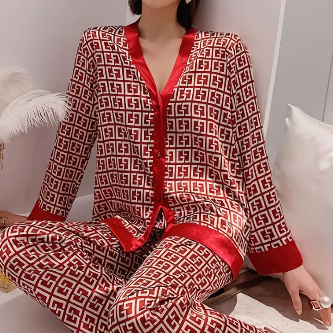 Dames IJszijde Pyjama Set – Satijnlook Loungewear met V-Hals Cardigan en Lange Mouwen – Lichtgewicht & Ademend