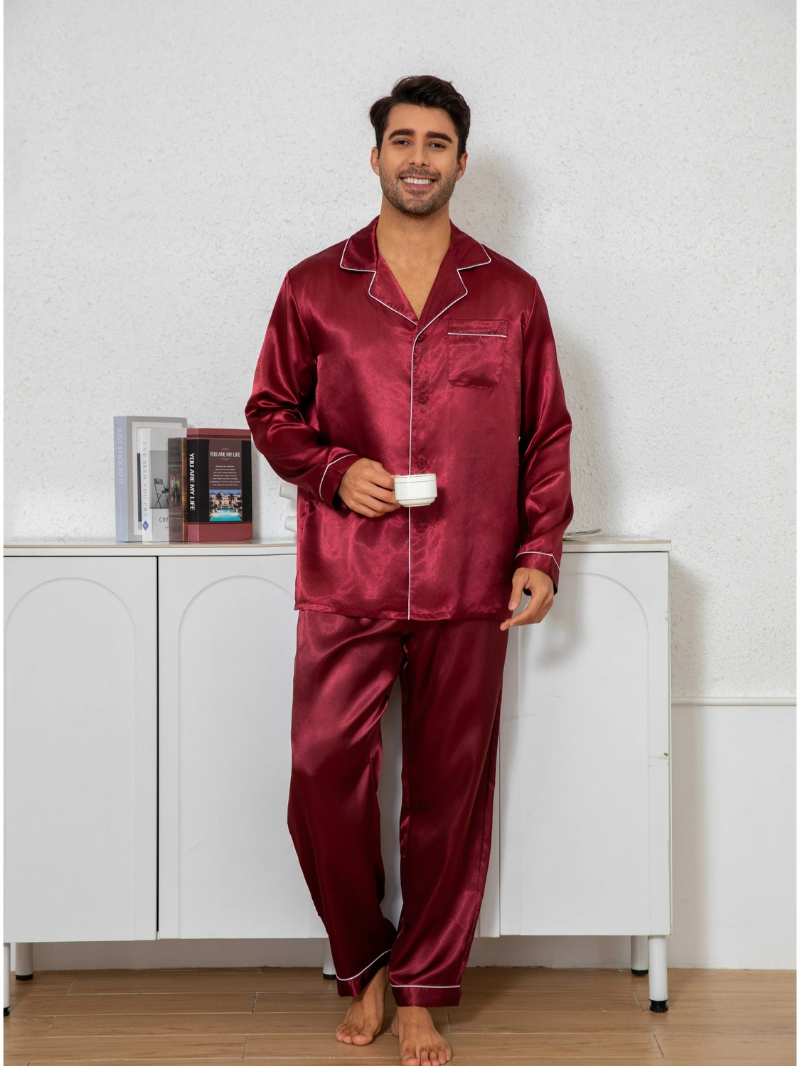Heren Satijnlook Pyjama Set – Lichtgewicht Lange Mouw Nachtkleding voor Ultiem Comfort