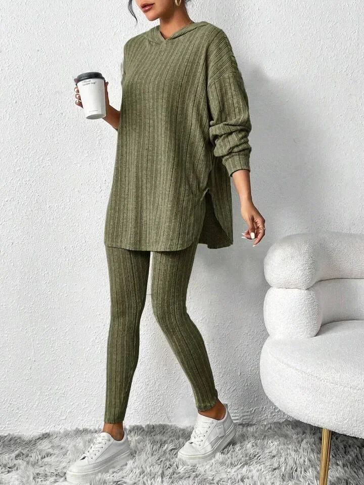 Geribde Tweedelige Loungewear Set – Oversized Hoodie met Hoge Taille Leggings