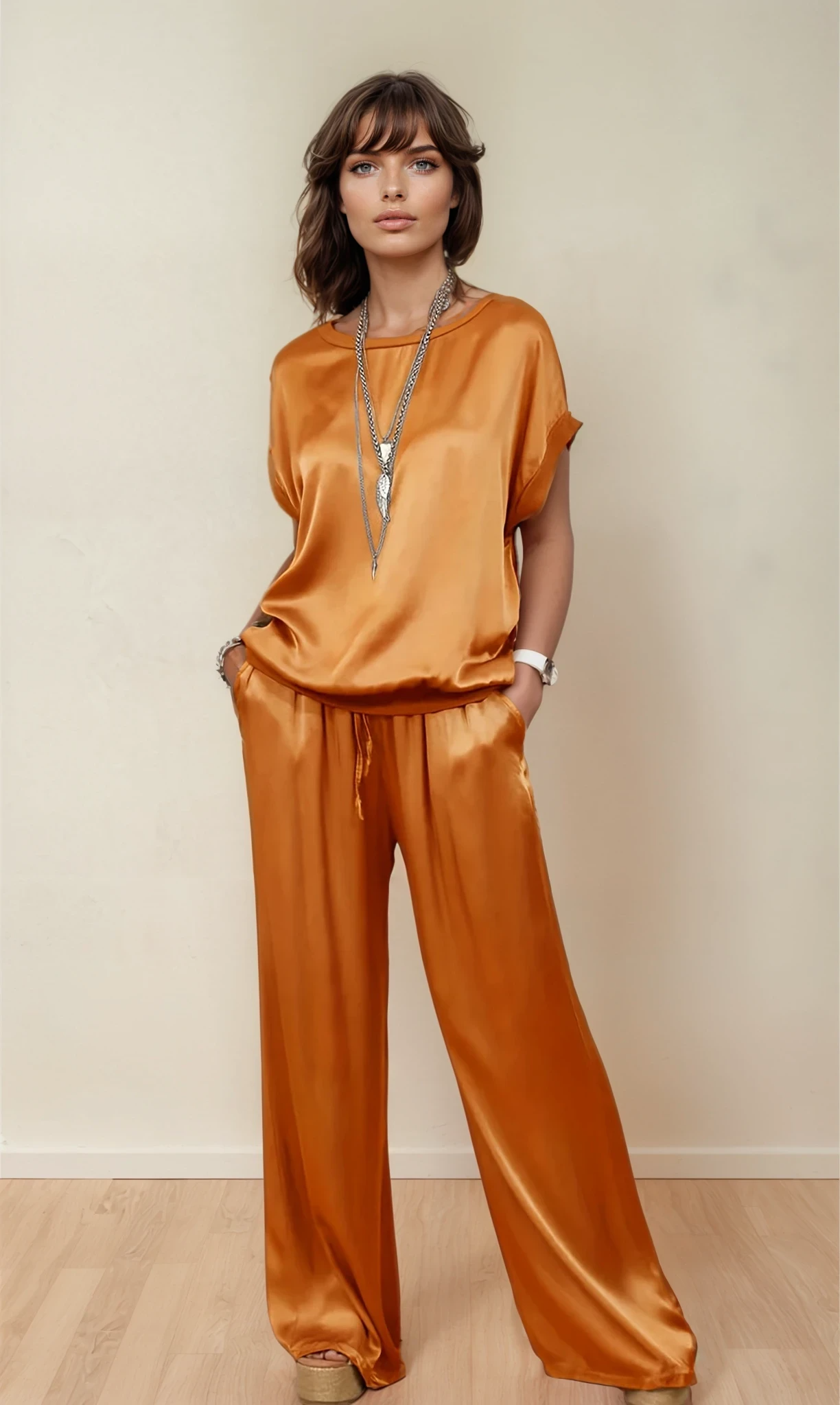 Elegante Blauwe Dames Loungewear Set – Casual Korte Mouwen & Wijde Broek met Zakken