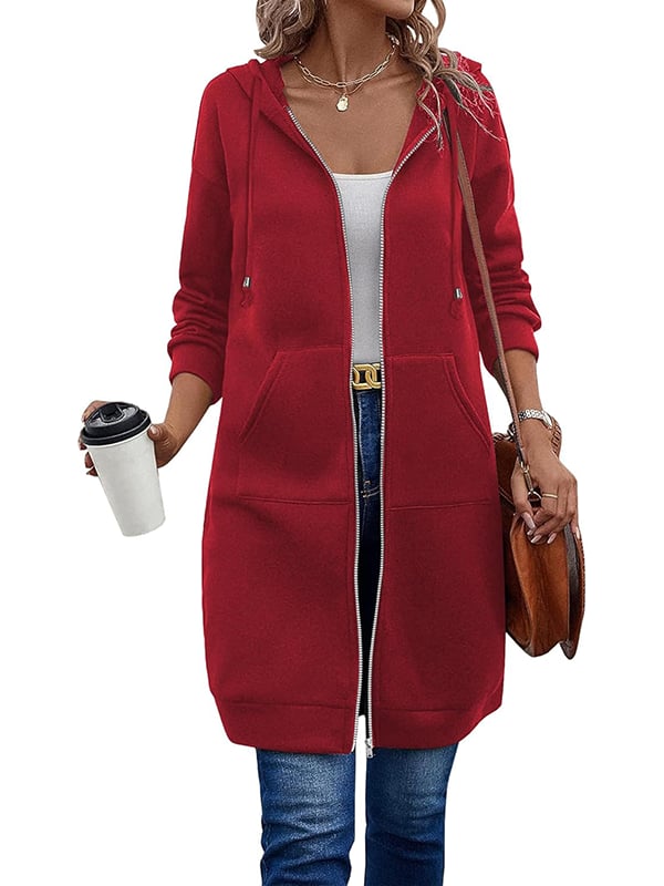 Knielange Dames Fleece Hoodie met Rits – Comfortabele Lange Sweatshirt met Zakken
