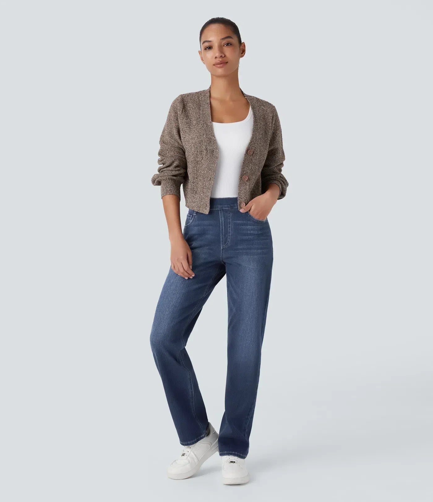 Dames Hoge Taille Stretch Broek – Comfortabele Slim Fit met Zakken