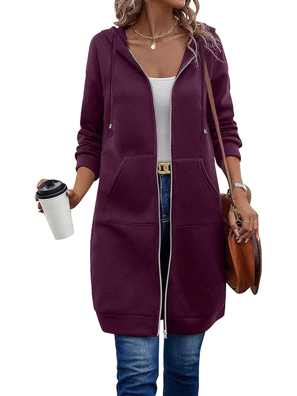 Knielange Dames Fleece Hoodie met Rits – Comfortabele Lange Sweatshirt met Zakken