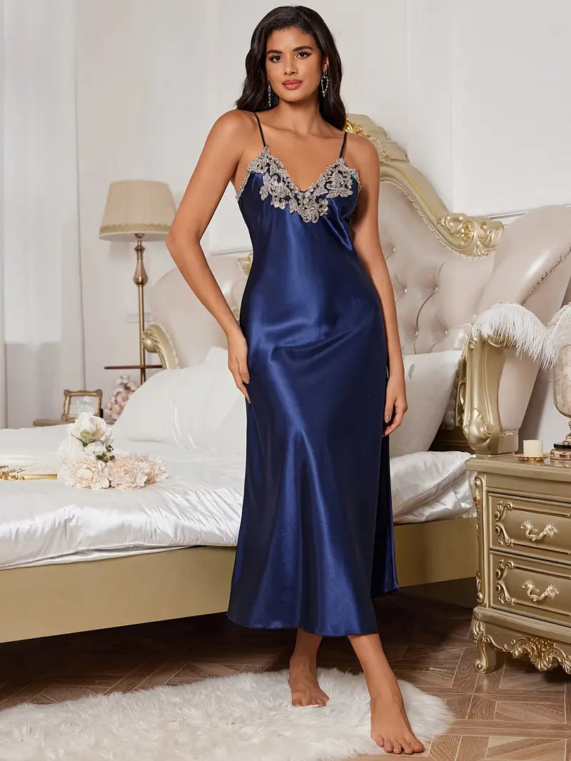 Arabella Elegant Faux Silky Maxi Nightgown with Lace Detailing