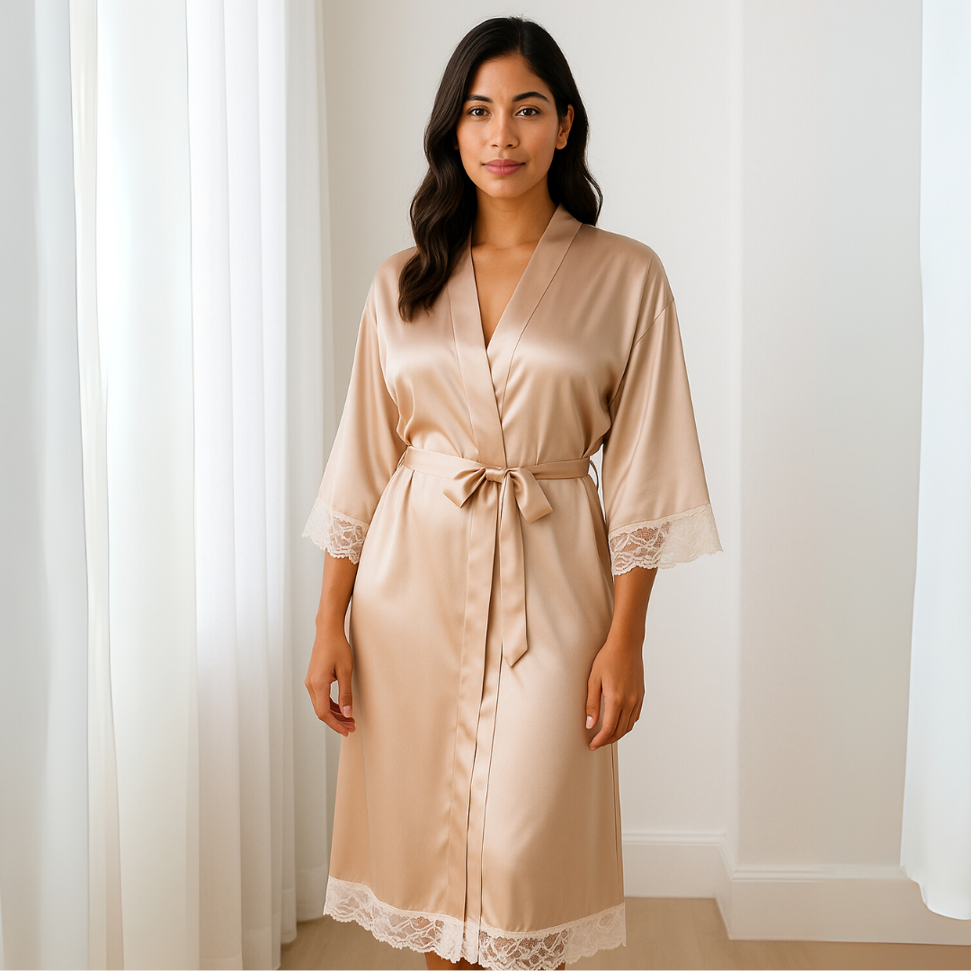 Luxe Zijde Satijn Kant Lange Badjas – Elegante Bruiloft, Bruidsmeisje & Lingerie Kamerjas voor Dames