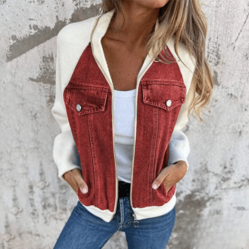 Dames Denim Splicing Jas – Trendy Mix van Stoffen, Comfortabel & Ideaal voor Lente en Herfst
