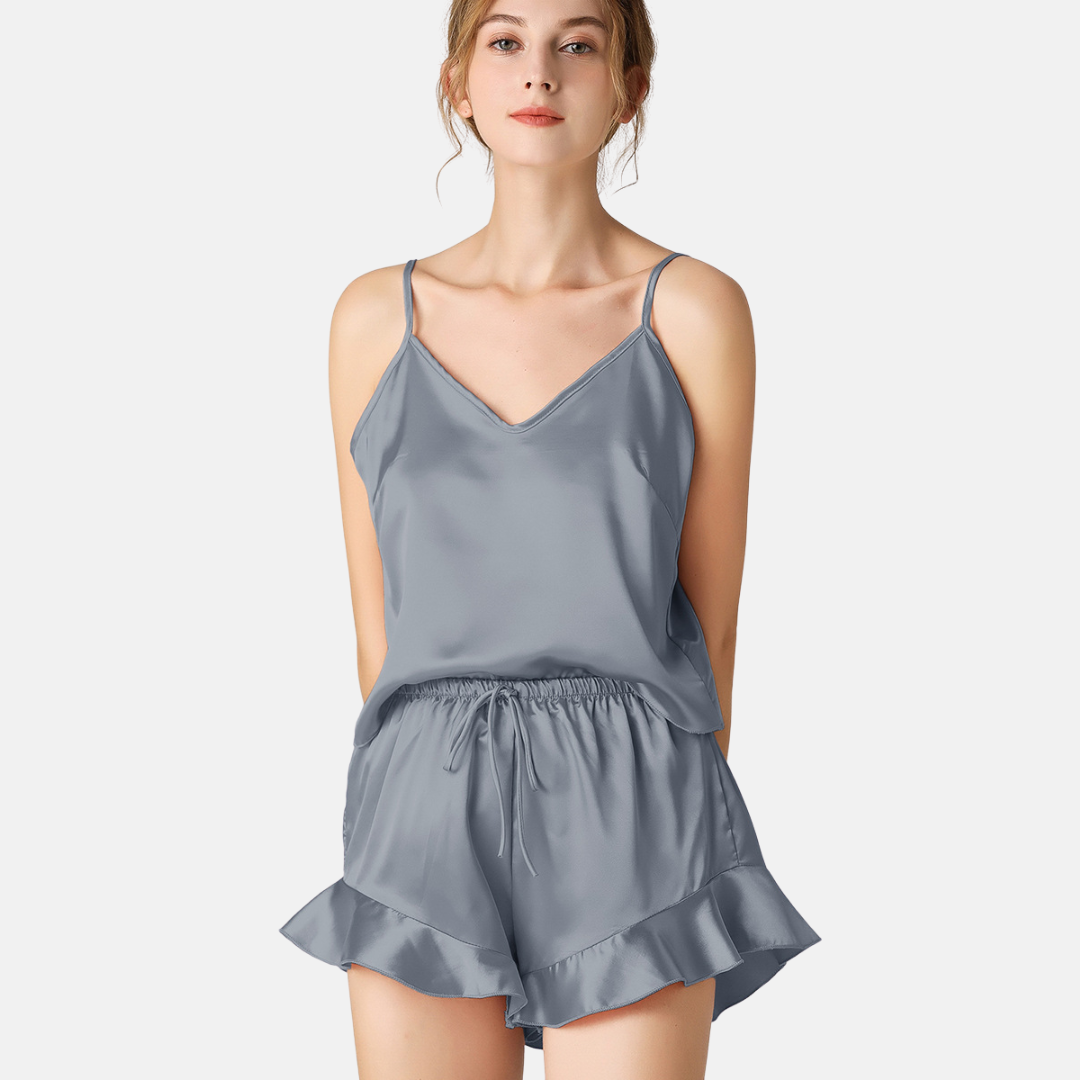 Dames Zijdezachte Pyjamaset – V-Hals Camisole & Shorts van Imitatiezijde voor Loungewear