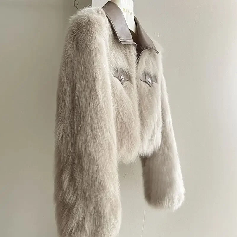 Faux Fur Cropped Jas – Luxe Damesjas met Nepbont, Leren Kraag & Moderne Pasvorm