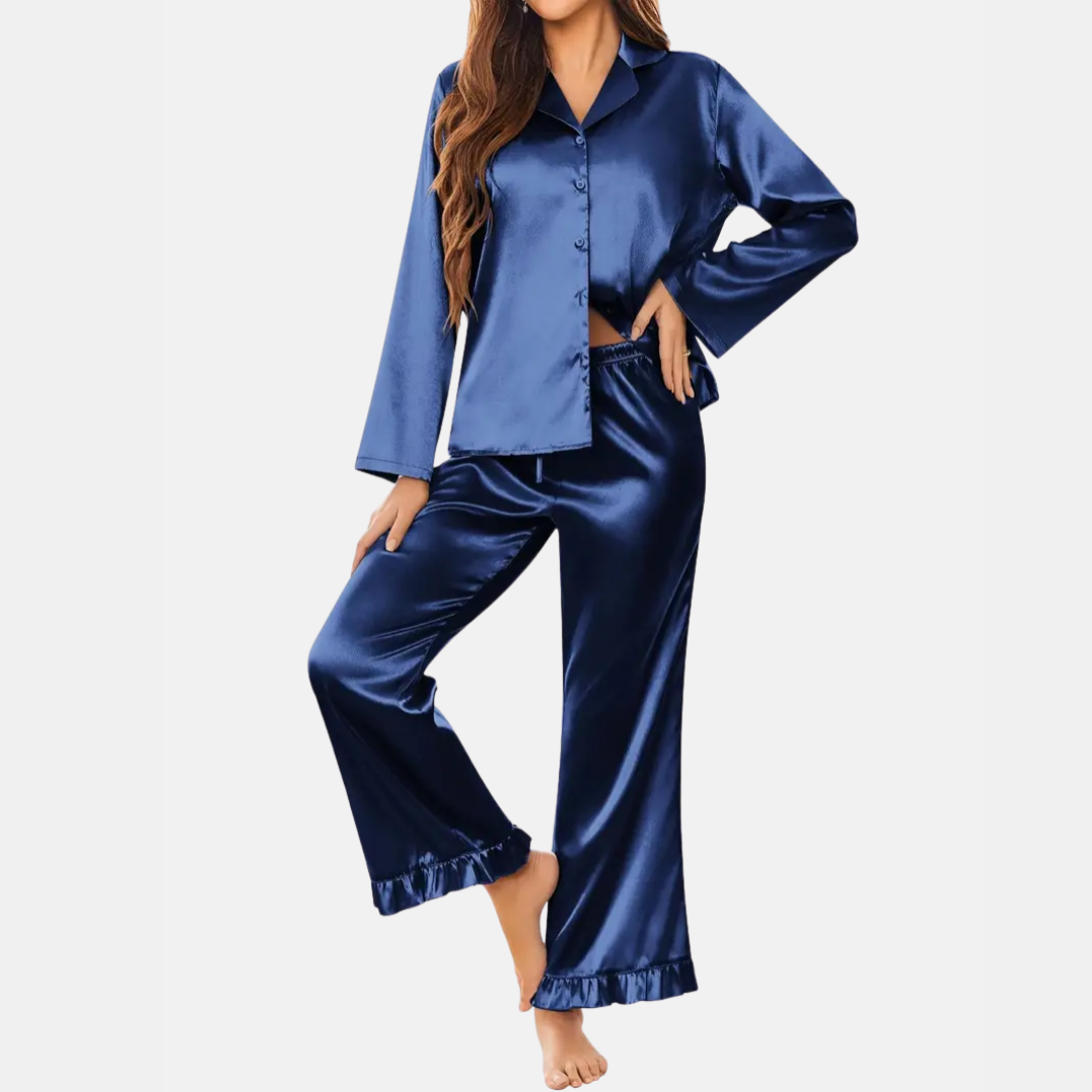 Zachte Satijnen Dames Pyjama Set – 2-Delige Loungewear met Lange Mouwen & Knoopsluiting