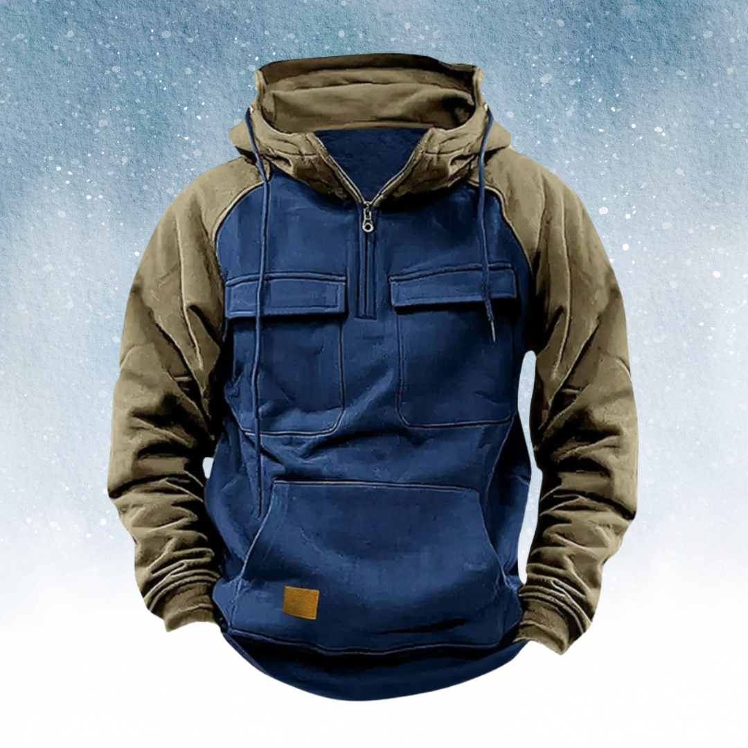 Multifunctionele Winter Hoodie voor Heren – Warme & Stijlvolle Kleurblok Hoodie met Praktische Zakdetails