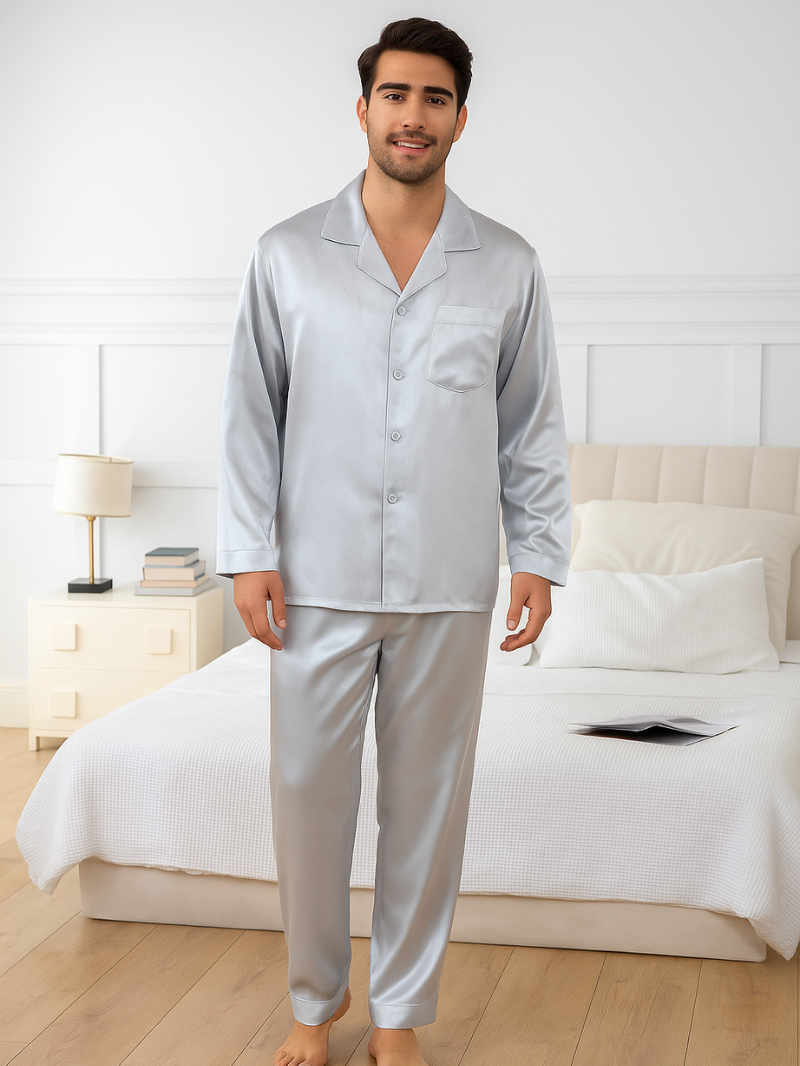 Heren Satijnlook Pyjama Set – Lichtgewicht Lange Mouw Nachtkleding voor Ultiem Comfort
