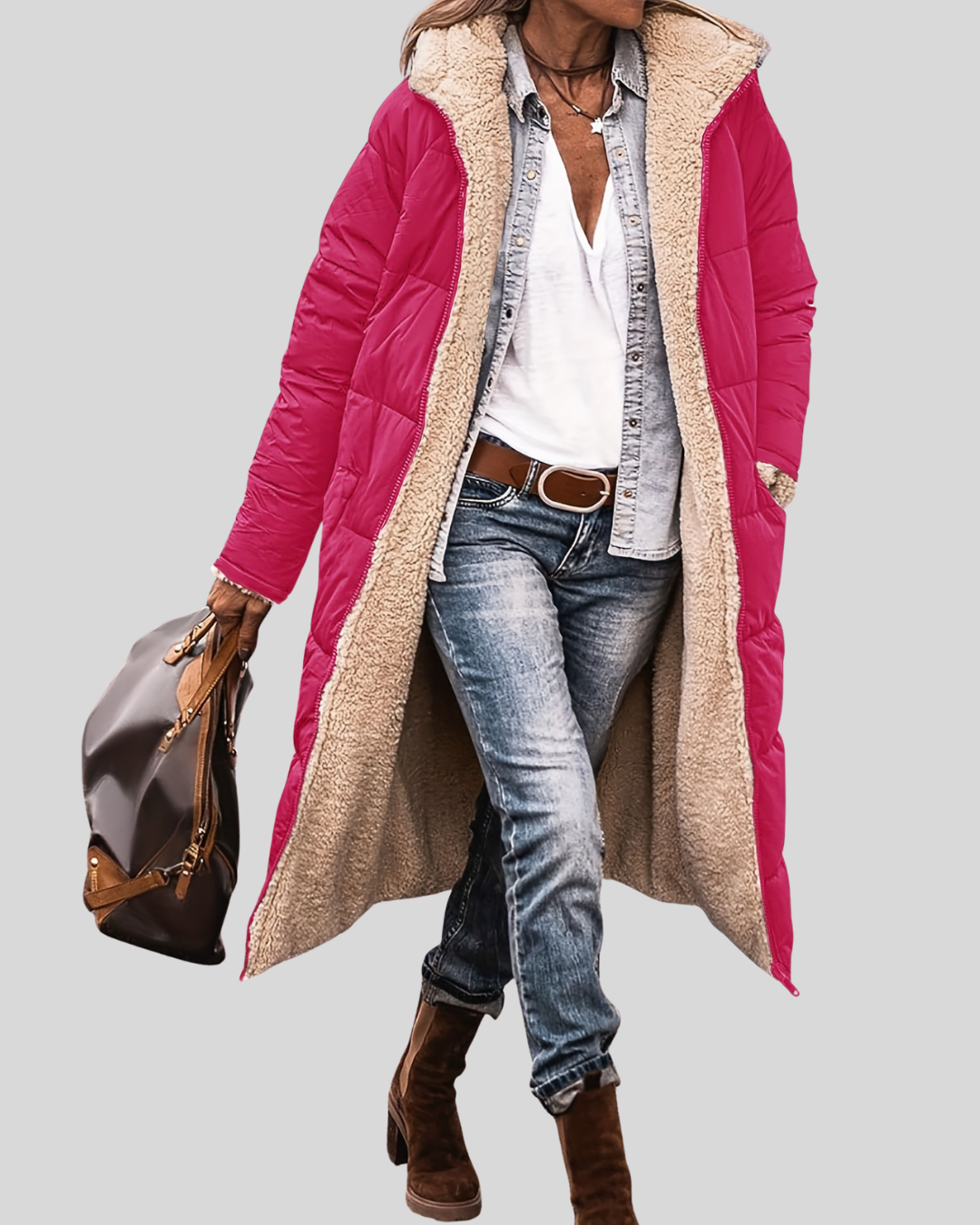 Lange Herfstjas met Warme Teddyvoering – Stijlvolle & Comfortabele Damesjas voor de Herfst