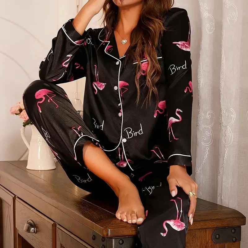 Women's Satin Pajamas Flamingo Print