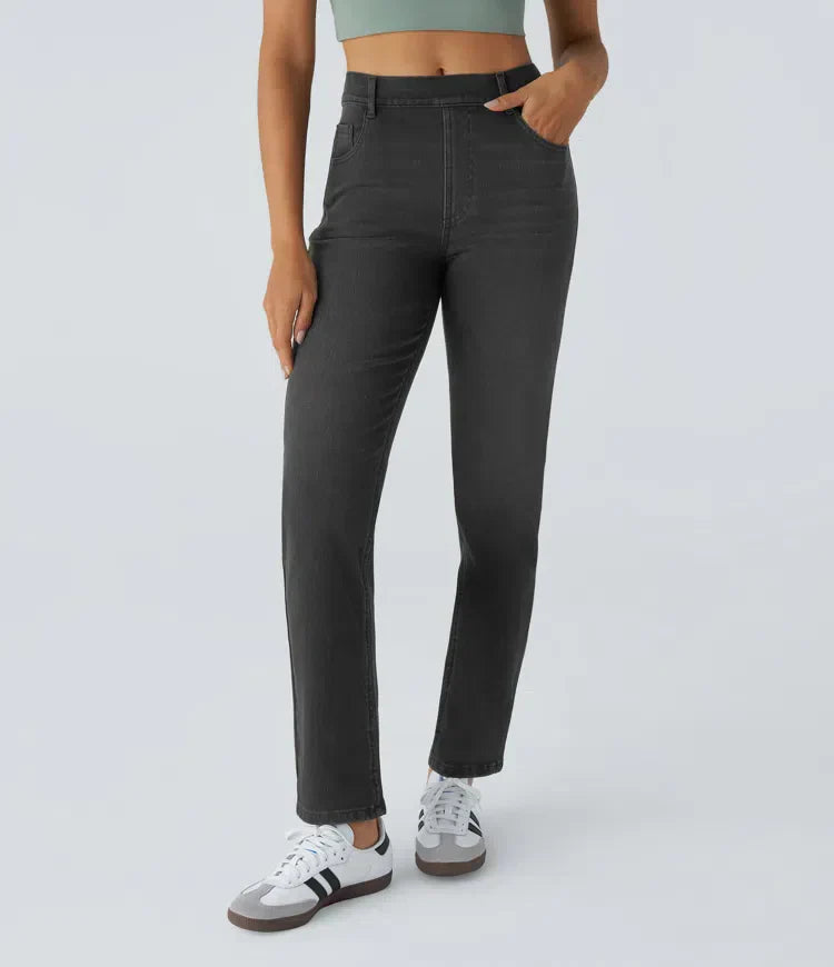 Dames Hoge Taille Stretch Broek – Comfortabele Slim Fit met Zakken