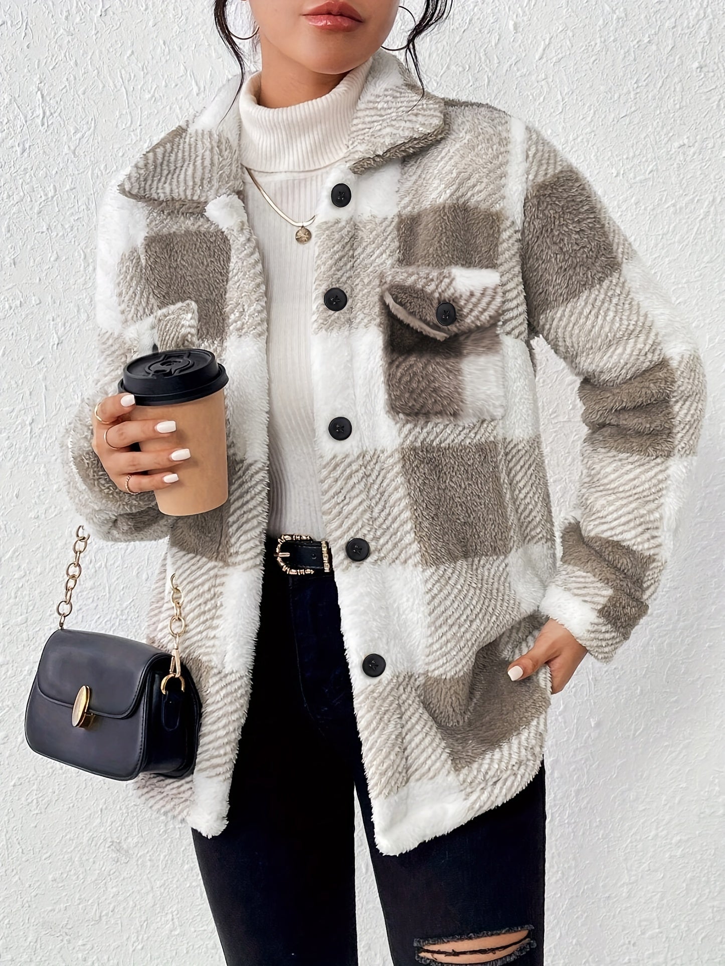 Dames Geruite Fleece Jas – Warme Geruite Overhemdjas met Lange Mouwen voor de Winter