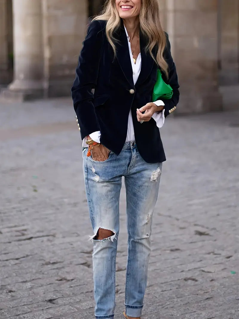 Dames Fluwelen Blazer – Elegante Getailleerde Jas met Klassieke Revers voor Avond & Casual Look