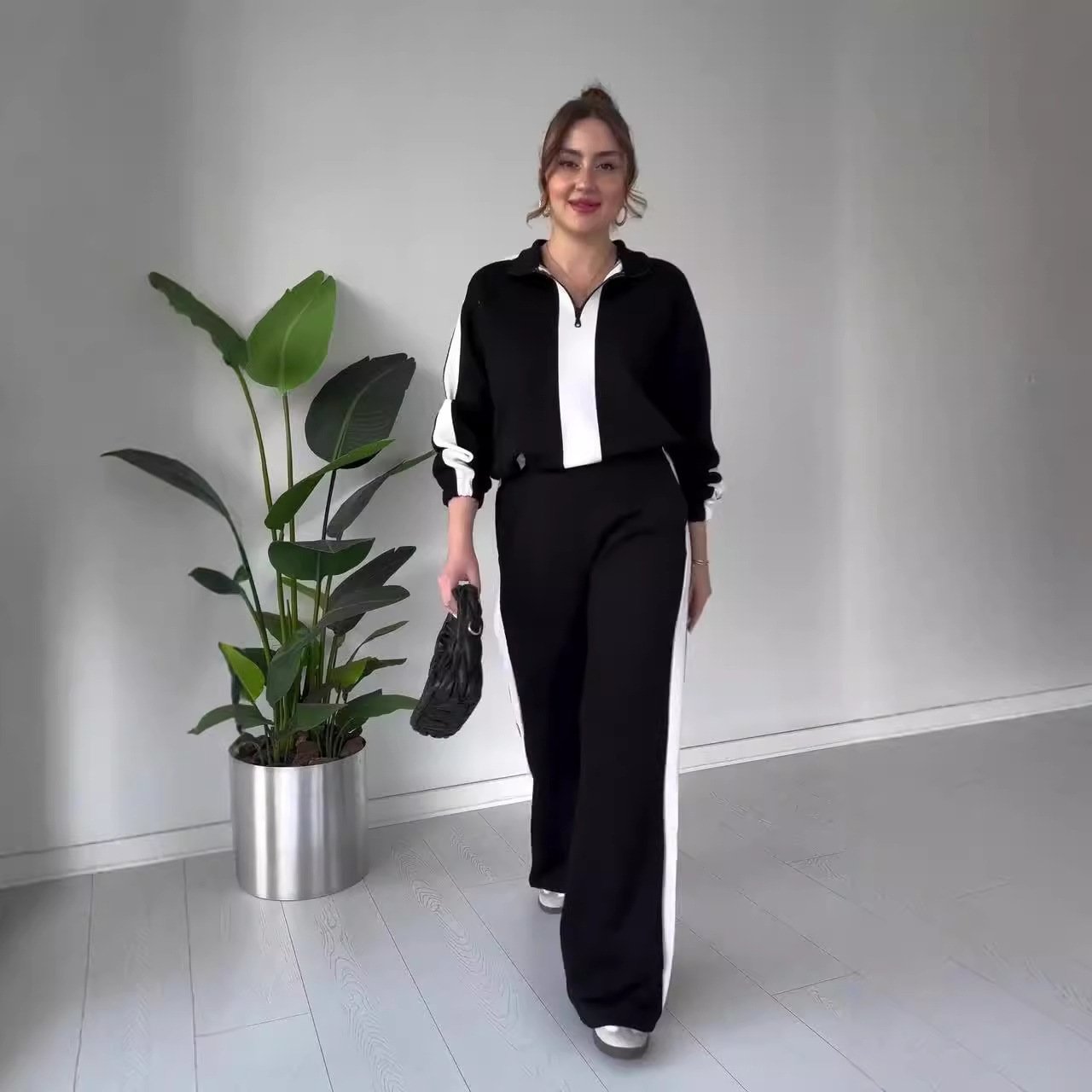 Dames Rits Kraag Tops & Broeken 2-delige Set – Trendy Kleurblok Ontwerp & Comfortabele Pasvorm