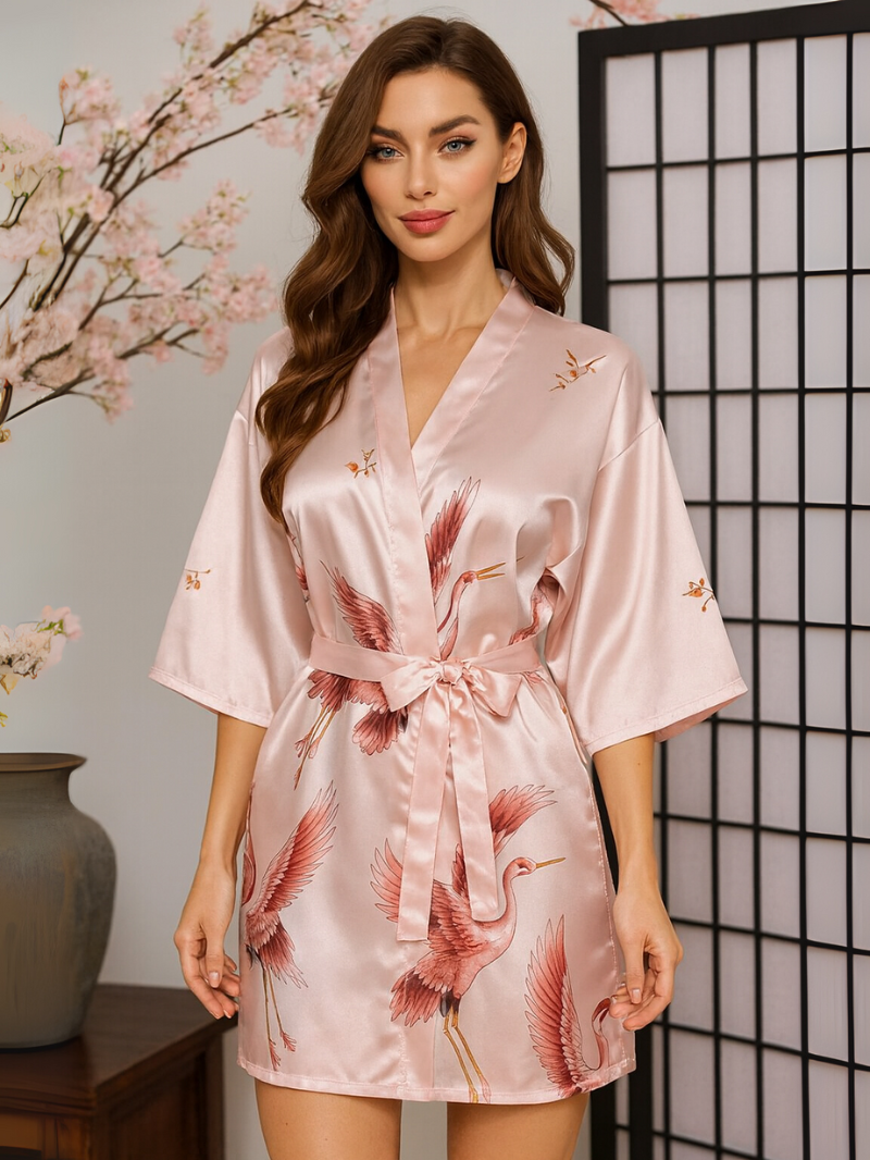 Lichtgewicht Zijde Kimono Met Kraanvogelprint – Elegante Zomer Badjas voor Bruid, Bruidsmeisjes & Loungewear