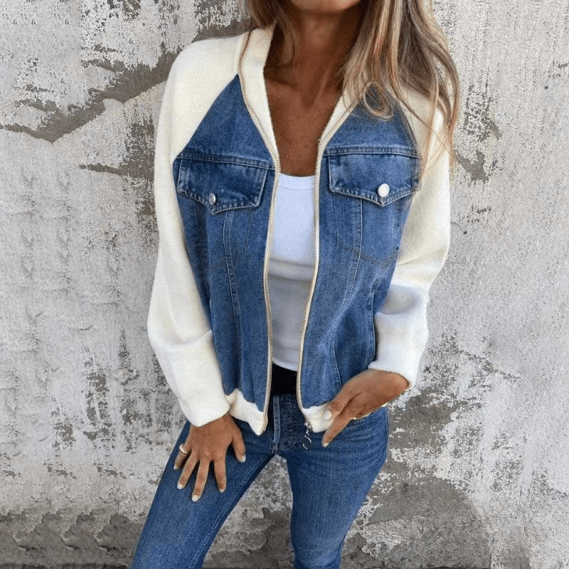 Dames Denim Splicing Jas – Trendy Mix van Stoffen, Comfortabel & Ideaal voor Lente en Herfst
