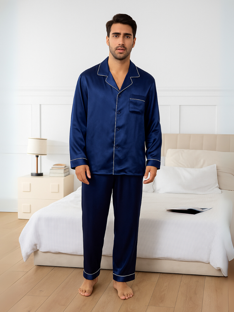 Heren Satijnlook Pyjama Set – Lichtgewicht Lange Mouw Nachtkleding voor Ultiem Comfort