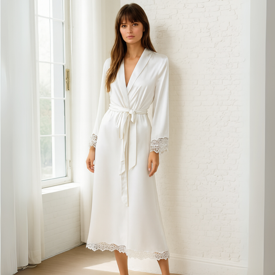 Luxe Zijde Satijn Kant Lange Badjas – Elegante Bruiloft, Bruidsmeisje & Lingerie Kamerjas voor Dames