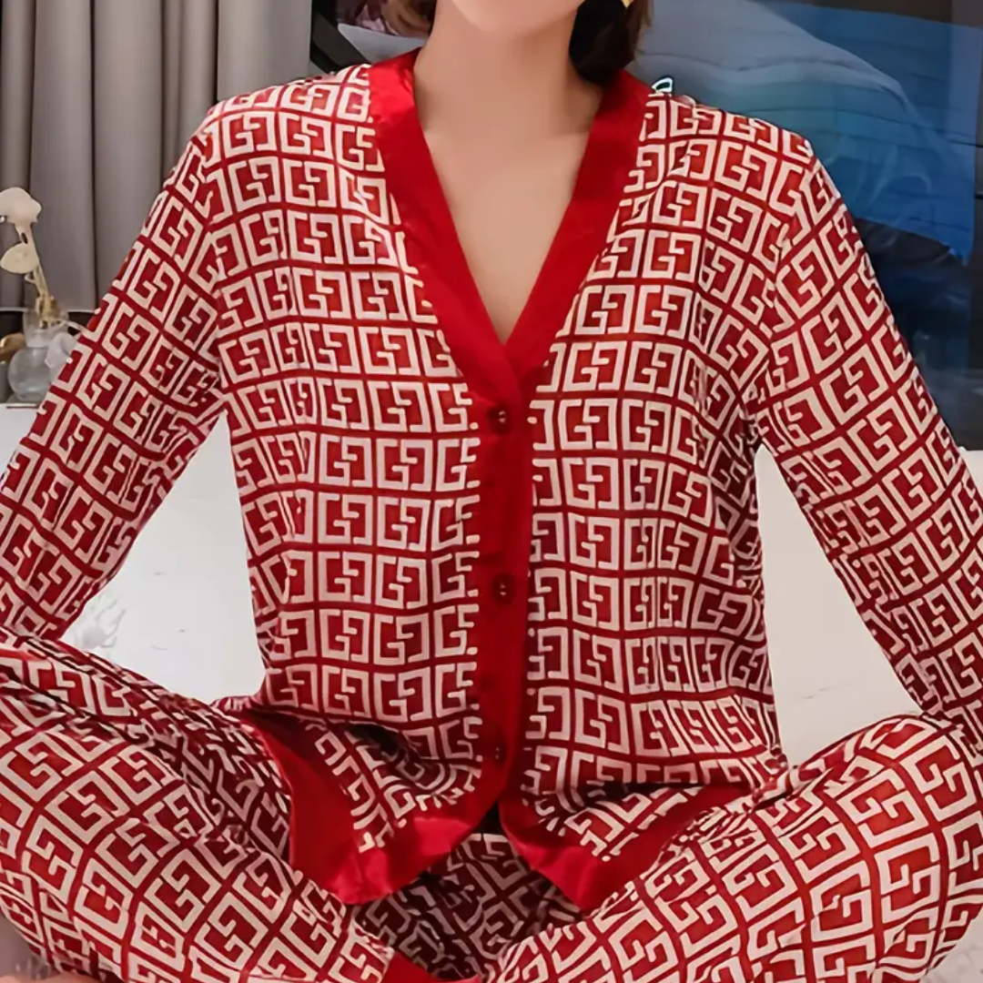 Dames IJszijde Pyjama Set – Satijnlook Loungewear met V-Hals Cardigan en Lange Mouwen – Lichtgewicht & Ademend