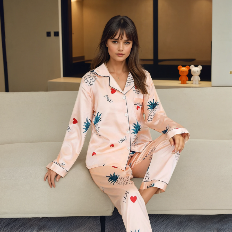 Dames IJszijde Pyjama Set – Zomer Loungewear met Lange Mouwen en Broek in Imitatiezijde