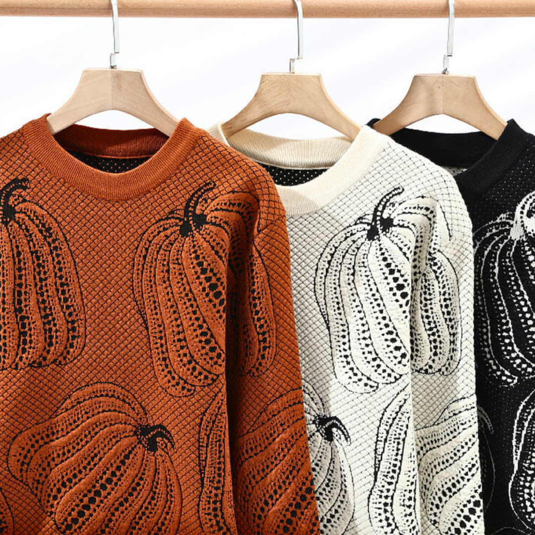 Luxe Trui in Pompoenlook – Warme Gebreide Herfsttrui met Seizoensmotief & Comfortabele Pasvorm
