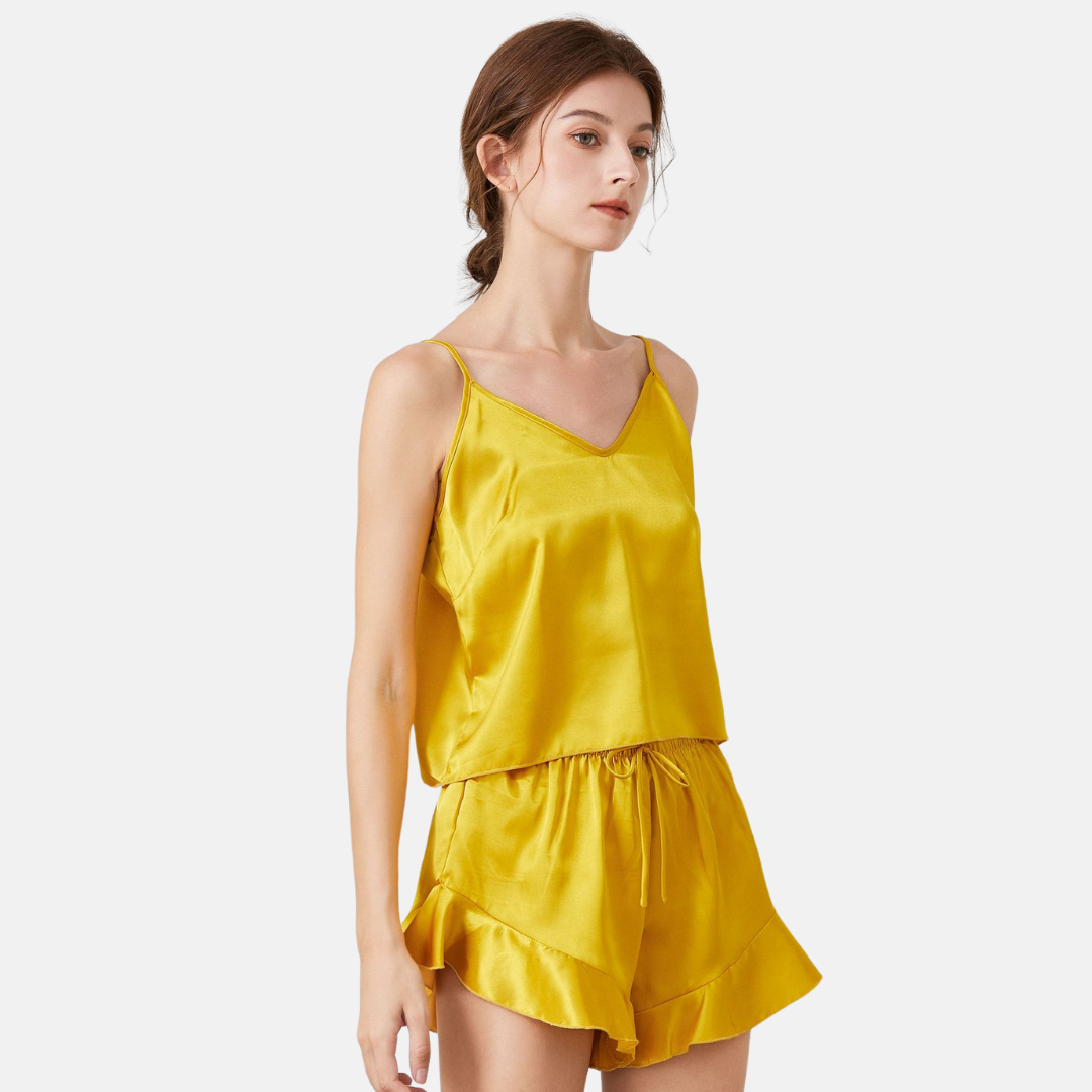 Dames Zijdezachte Pyjamaset – V-Hals Camisole & Shorts van Imitatiezijde voor Loungewear