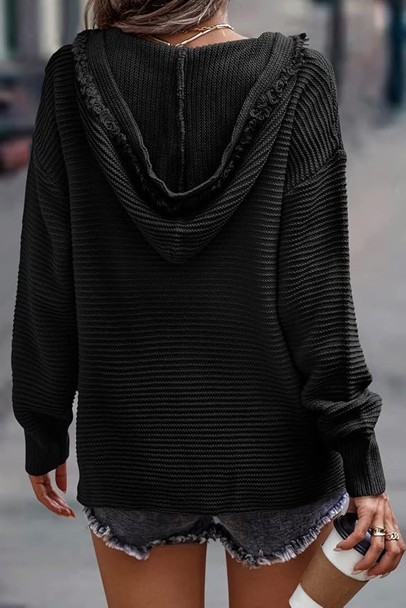 Hooded Gebreide Trui – Zachte Katoenmix, Oversized Pasvorm en V-Hals met Franjes