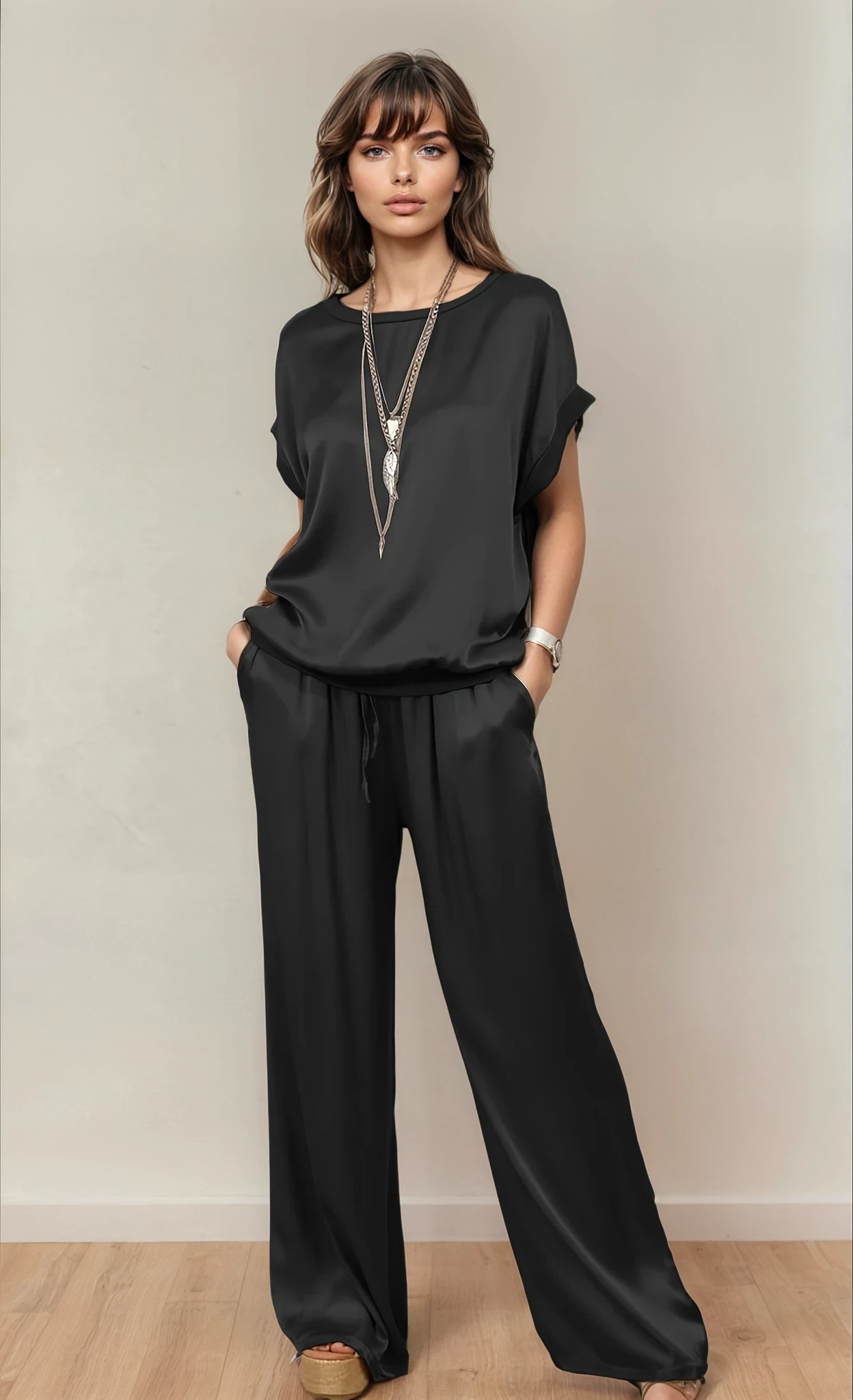 Elegante Blauwe Dames Loungewear Set – Casual Korte Mouwen & Wijde Broek met Zakken