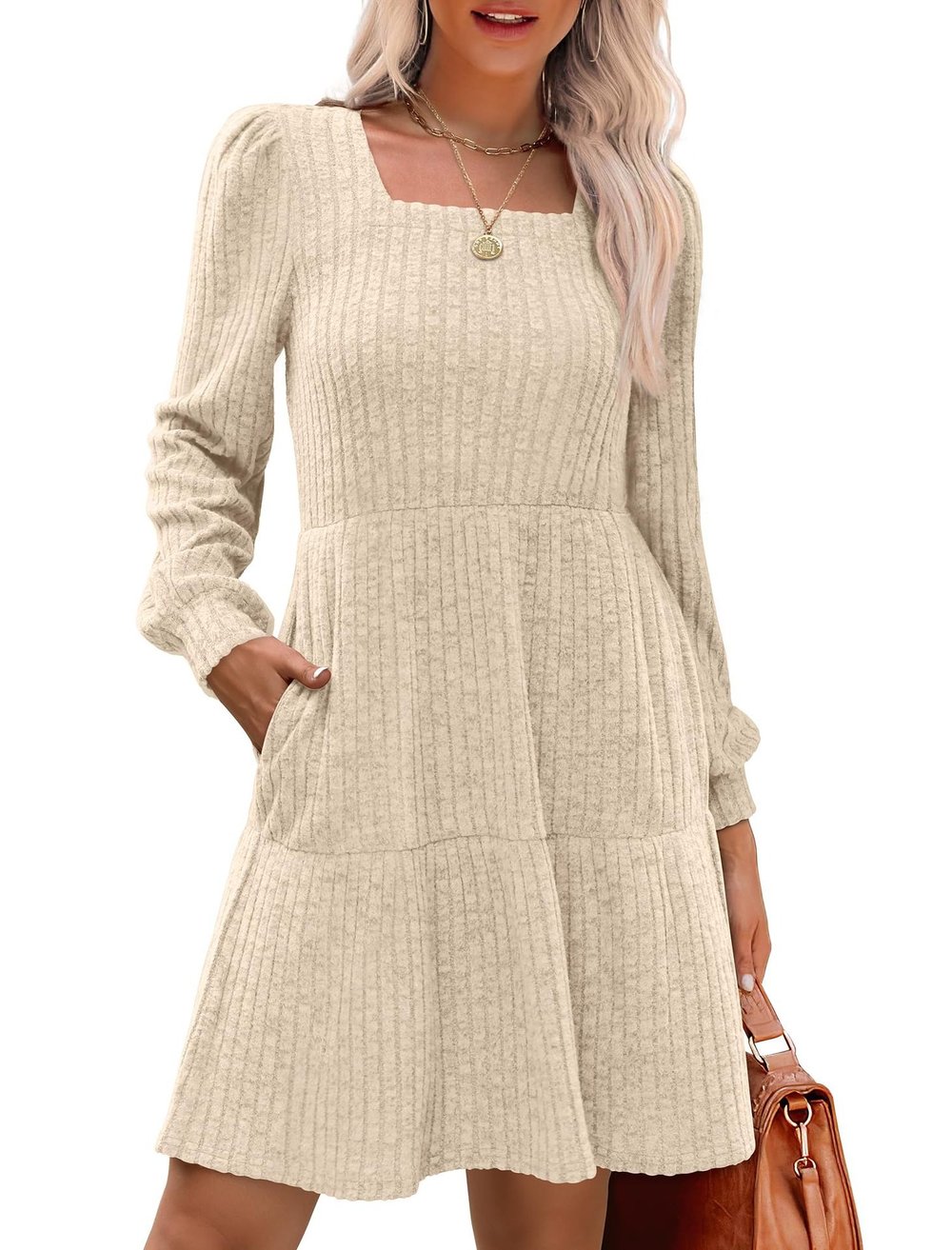 Flowy Gebreide Trui Jurk voor Dames – Casual Vierkante Hals en Lange Mouwen