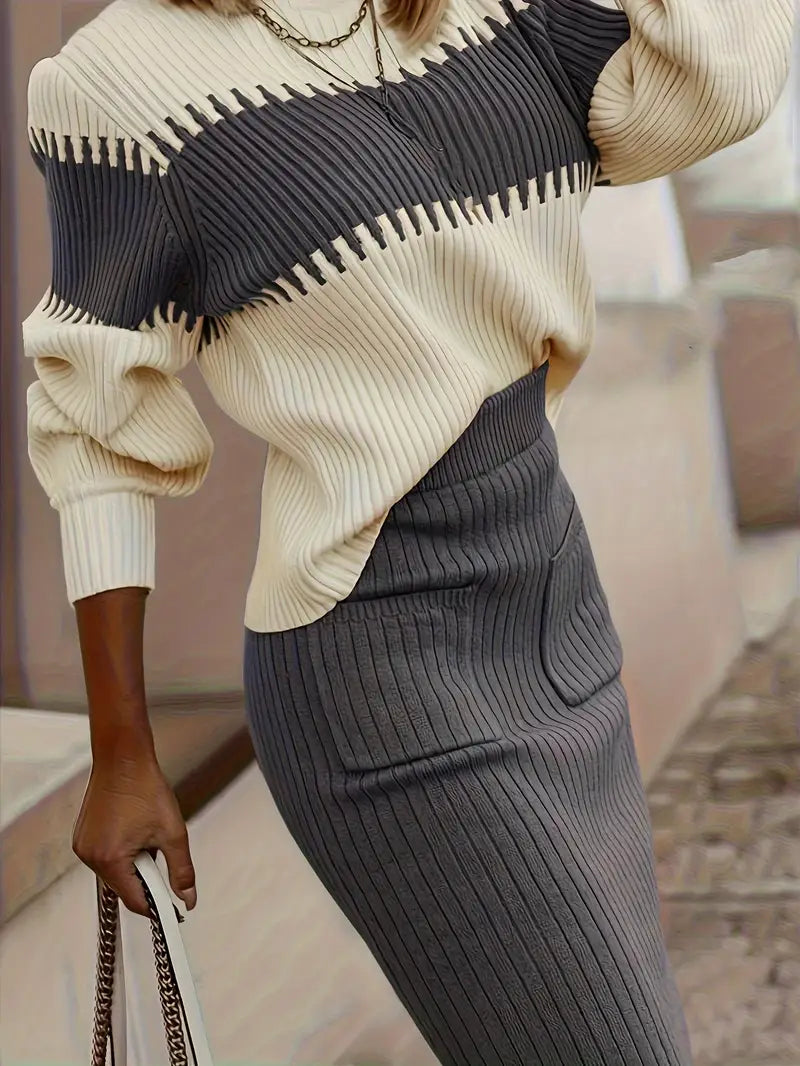 Elegante Gebreide Co-Ord Set voor Dames – Slim Fit, Zacht Panelontwerp, Alledaagse Chic