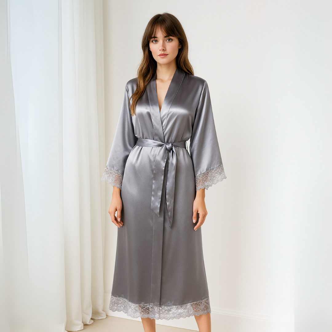 Luxe Zijde Satijn Kant Lange Badjas – Elegante Bruiloft, Bruidsmeisje & Lingerie Kamerjas voor Dames