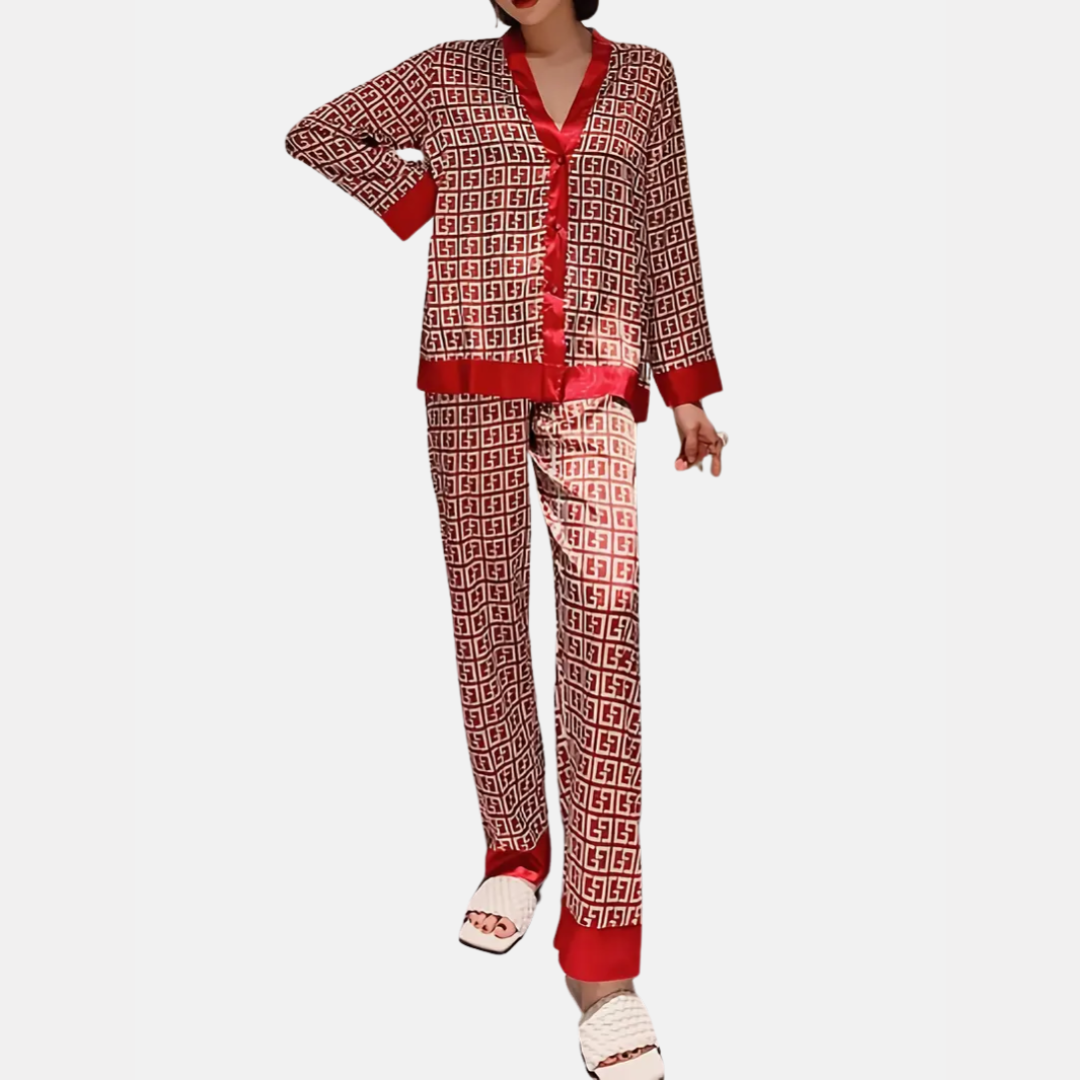 Dames IJszijde Pyjama Set – Satijnlook Loungewear met V-Hals Cardigan en Lange Mouwen – Lichtgewicht & Ademend
