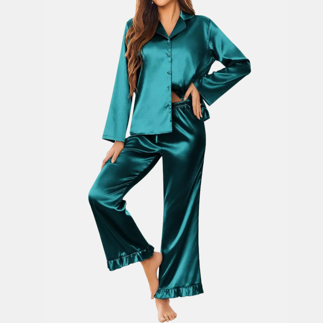 Zachte Satijnen Dames Pyjama Set – 2-Delige Loungewear met Lange Mouwen & Knoopsluiting
