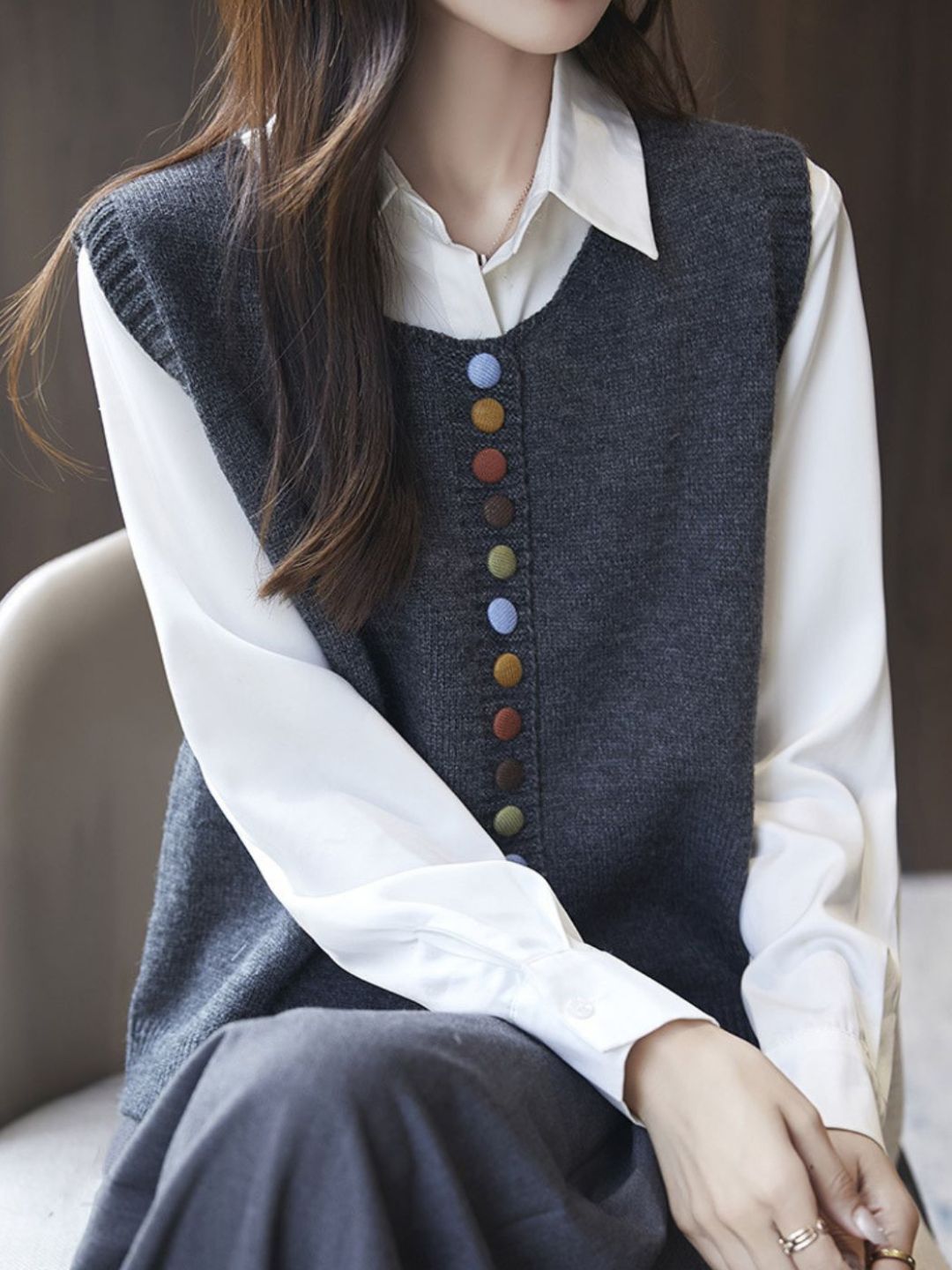 Dames Mouwloos Gebreid Sweater Vest – Losse Pasvorm Trui met Kleurrijke Knopen