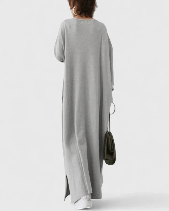Comfortabele Lange Mouwen V-Hals Jurk – Luchtig, Minimalistisch & Elegante Dagelijkse Stijl