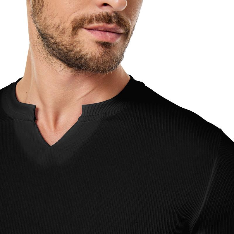 Heren Slim Fit Geribd Longsleeve Shirt – Casual Katoenen V-hals Top