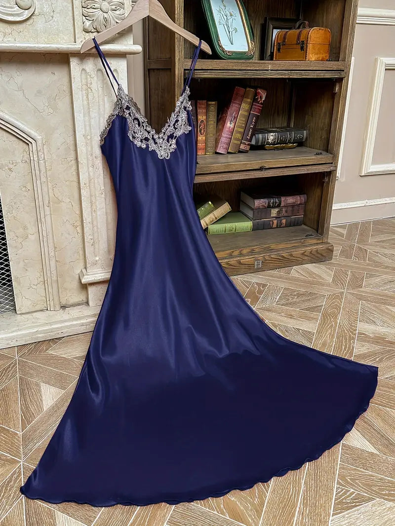 Arabella Elegant Faux Silky Maxi Nightgown with Lace Detailing