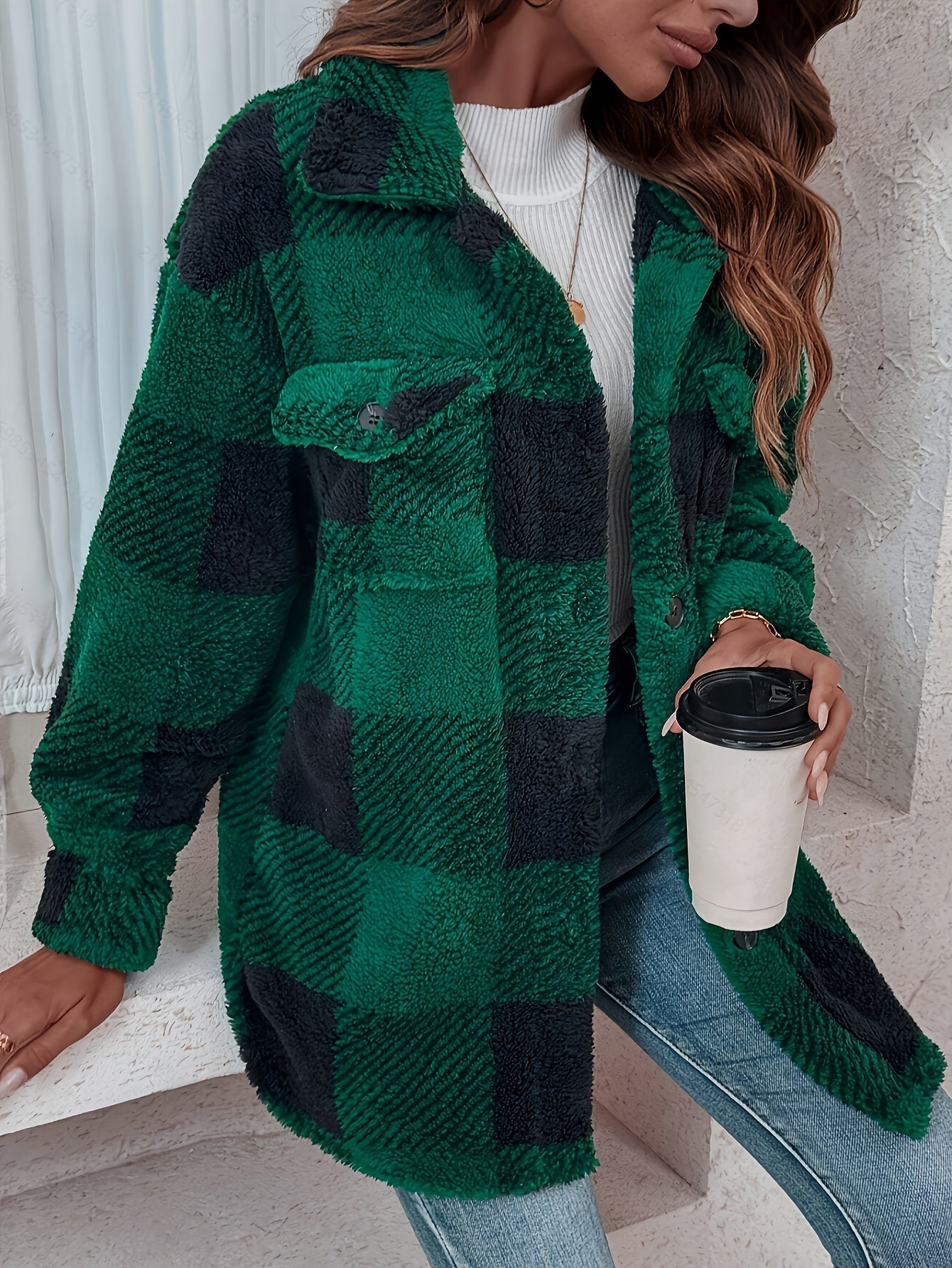 Dames Geruite Fleece Jas – Warme Geruite Overhemdjas met Lange Mouwen voor de Winter