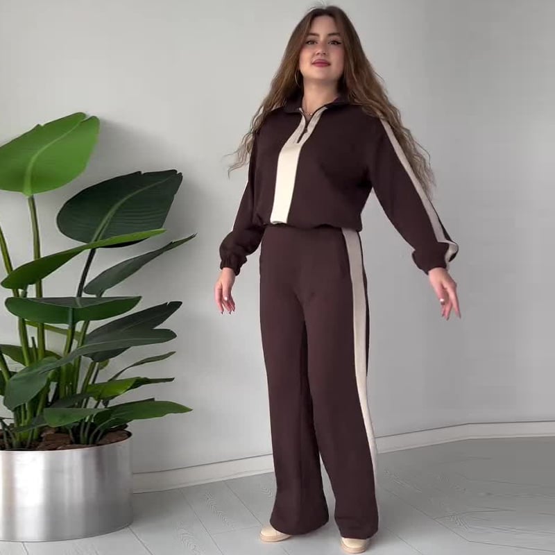 Dames Rits Kraag Tops & Broeken 2-delige Set – Trendy Kleurblok Ontwerp & Comfortabele Pasvorm