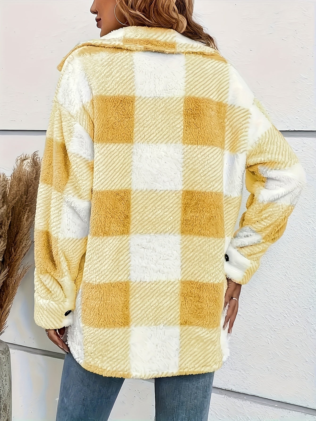 Dames Geruite Fleece Jas – Warme Geruite Overhemdjas met Lange Mouwen voor de Winter