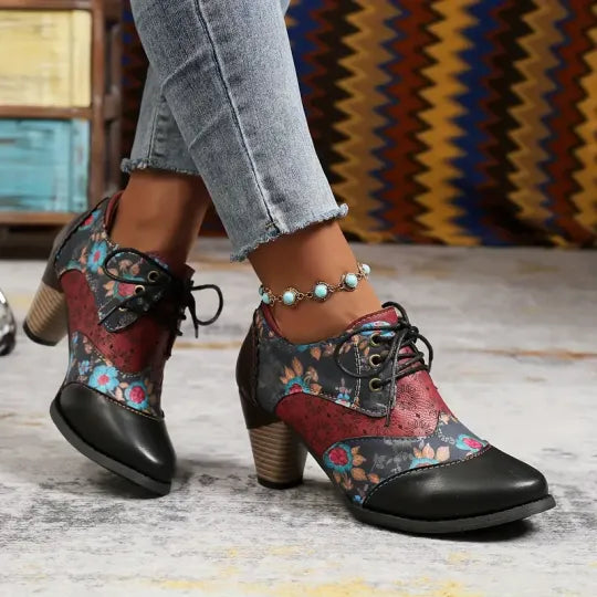 Dames Boheemse Enkellaarsjes met Blokhak – Orthopedische Comfort Veterlaarzen met Bloemenprint