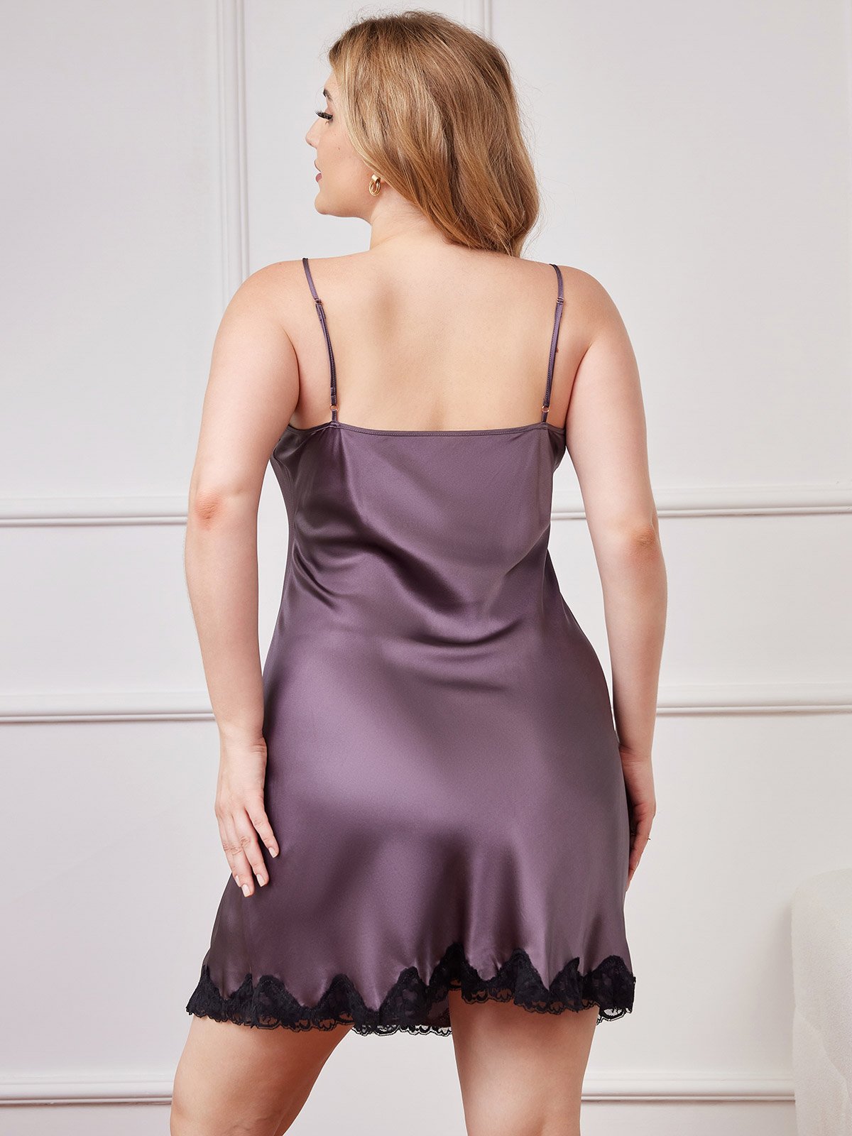 Plus Size Silk Nightgown with Lace and Slit Hem